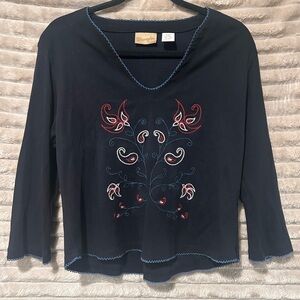 Vintage Wrangler Women's Navy Embroidered Top